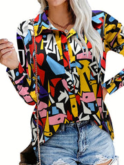  Allover Print Button Up Lantern Sleeve Blouse