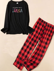  Slogan Print Tee & Plaid Pants Pajama Set