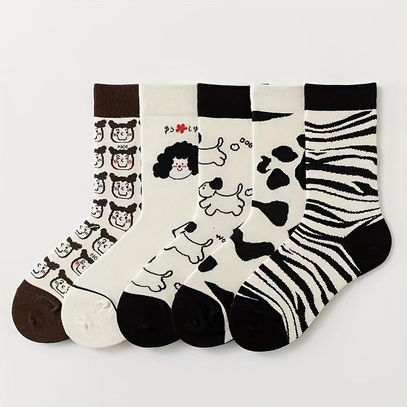 5 Pairs Cartoon Print Socks Comfy & Mid Tube Socks Women's Stockings