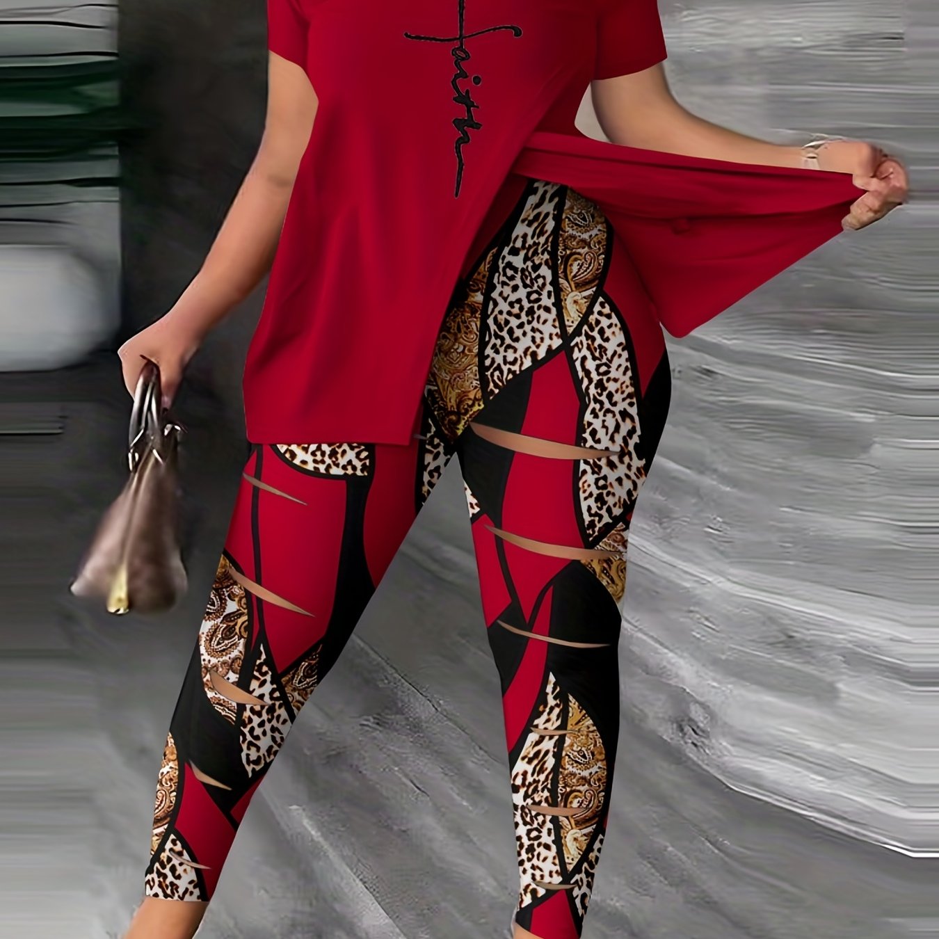  Cross Letter Print Short Sleeve Tee & Leggings Set