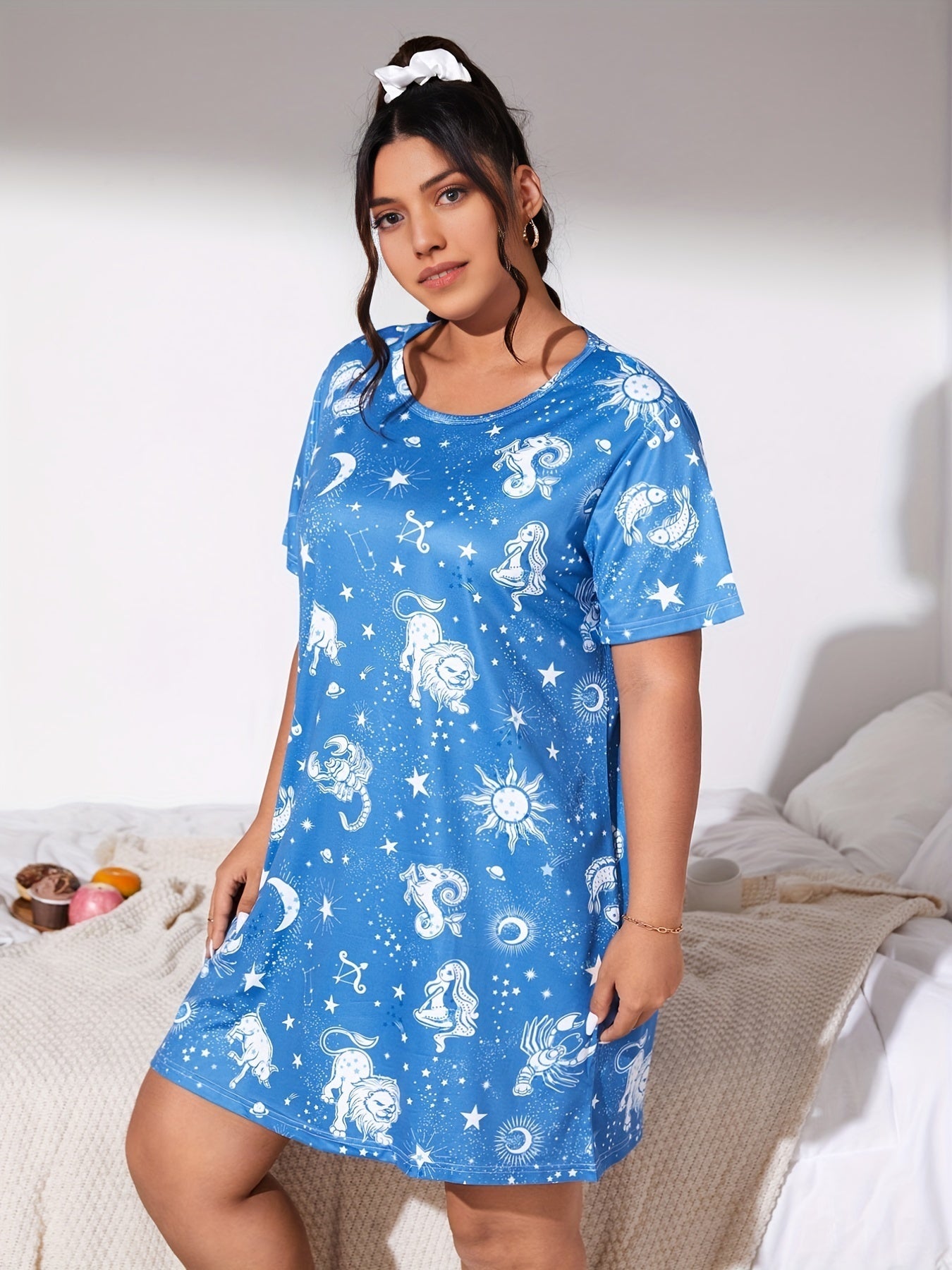  Constellation Print Short Sleeve Round Neck Sleep Dress