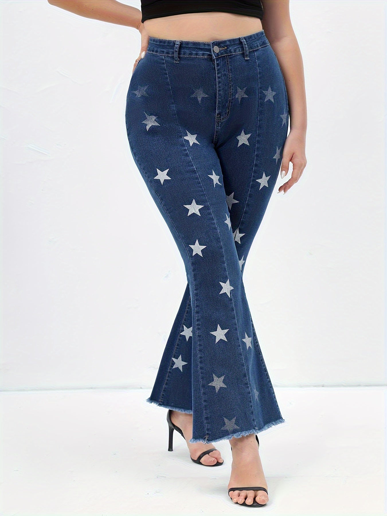  Star Print High Rise Flared Leg Jeans