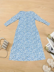  Ditsy Floral Print Long Sleeve V Neck Maxi Dress
