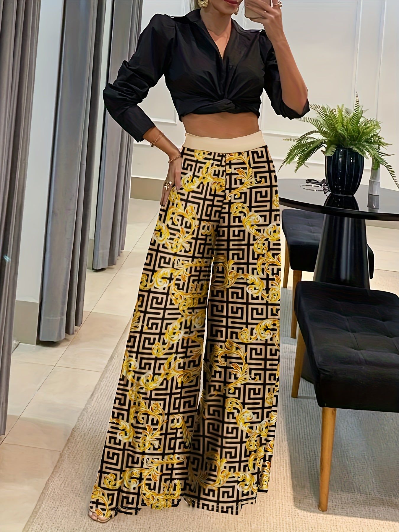 Geometric Print Wide Leg Pants Spring/Fall Casual Loose Pants