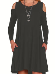  Cold Shoulder Maxi Dress V Neck Long Sleeve Pocketed