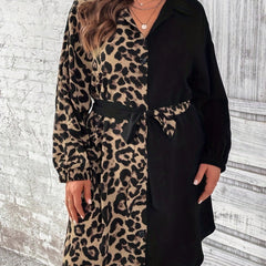  Colorblock Leopard Print Long Sleeve Shirt Dress