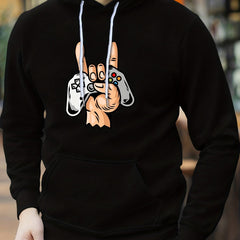Men's Rock & Game Controller Print Hoodie Casual Stretch Hooded Sweatshirt