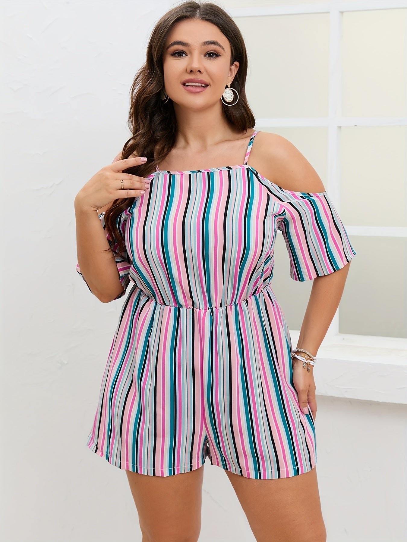  Colorful Stripe Cold Shoulder Romper