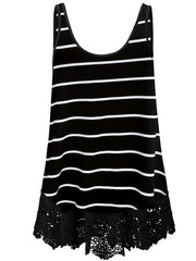  Stripe Print Lace Trim Tank Top