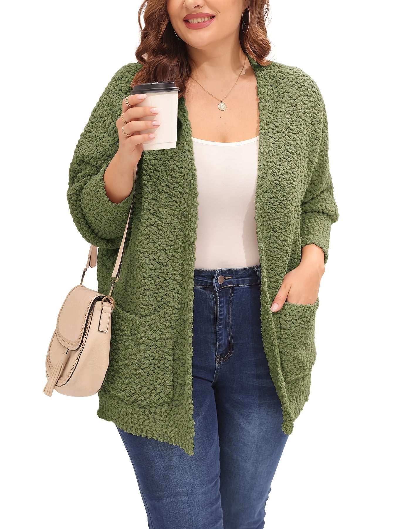  Casual Cardigan Women's Plus Fluffy Long Sleeve Slight Stretch