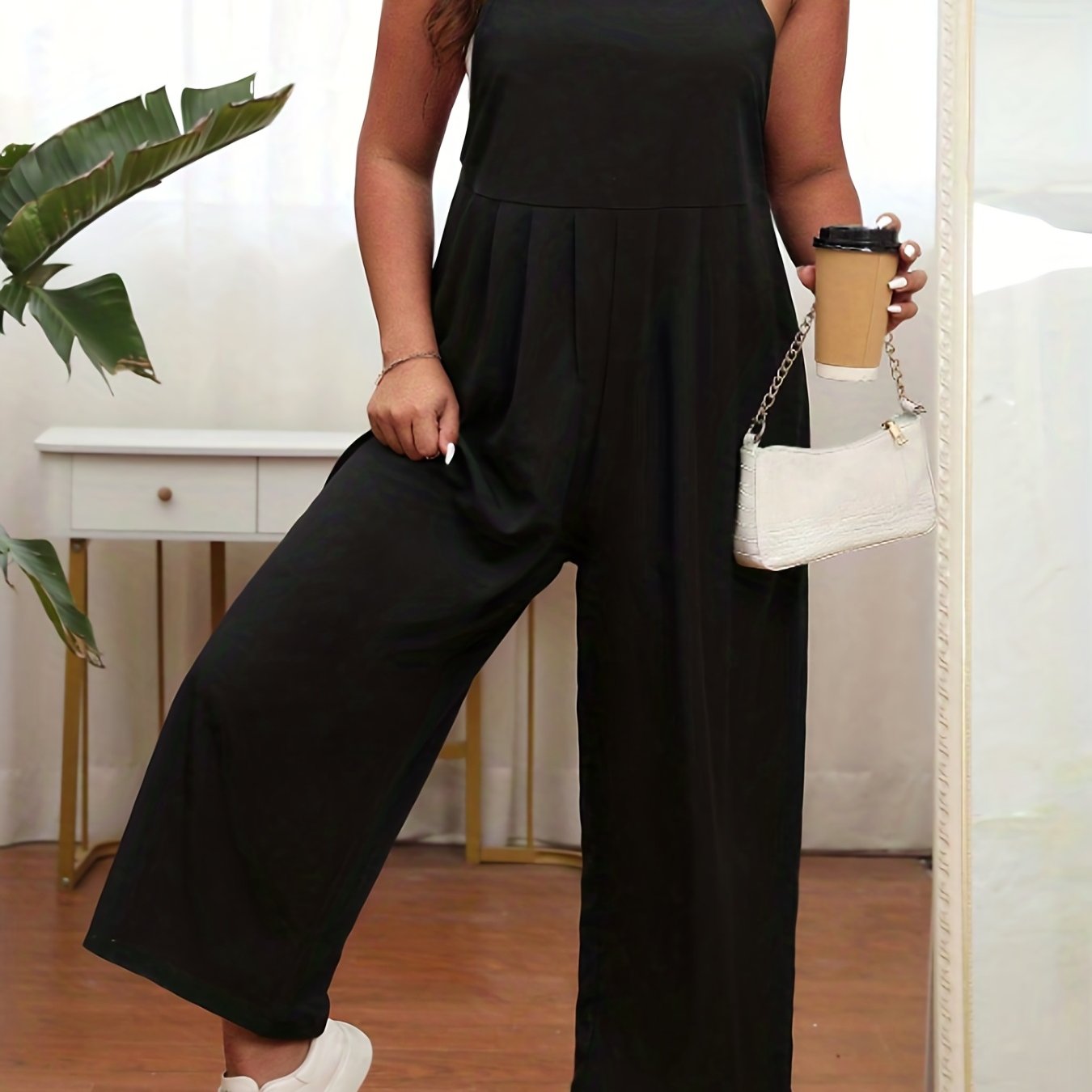  Casual Jumpsuit Women's Plus Solid Square Neck Loose Fit Wide Leg Tank
