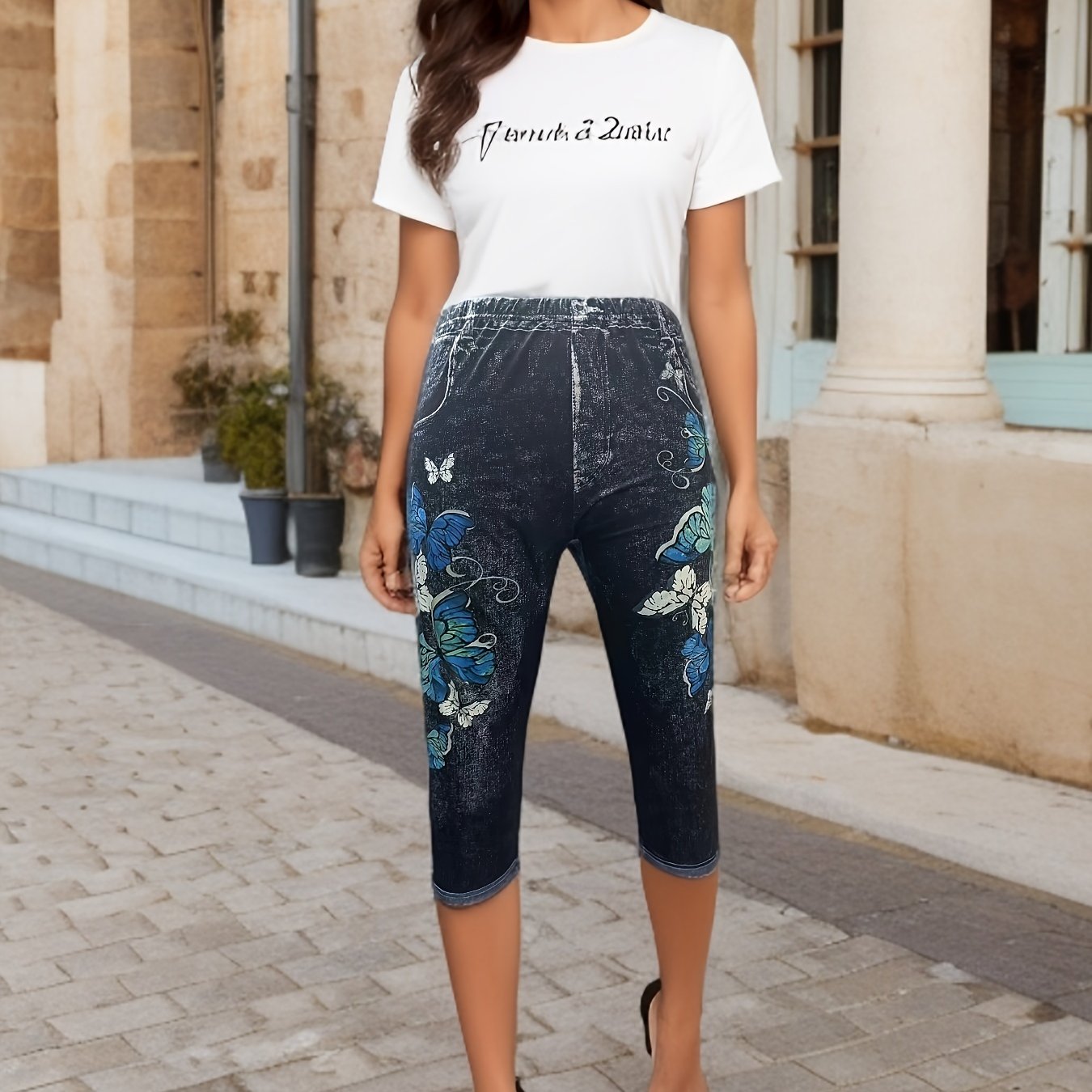  Denim Print Clam Digger Leggings, Women's Plus