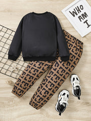2pcs Boys Bag Print Sweatshirt & Pant Set