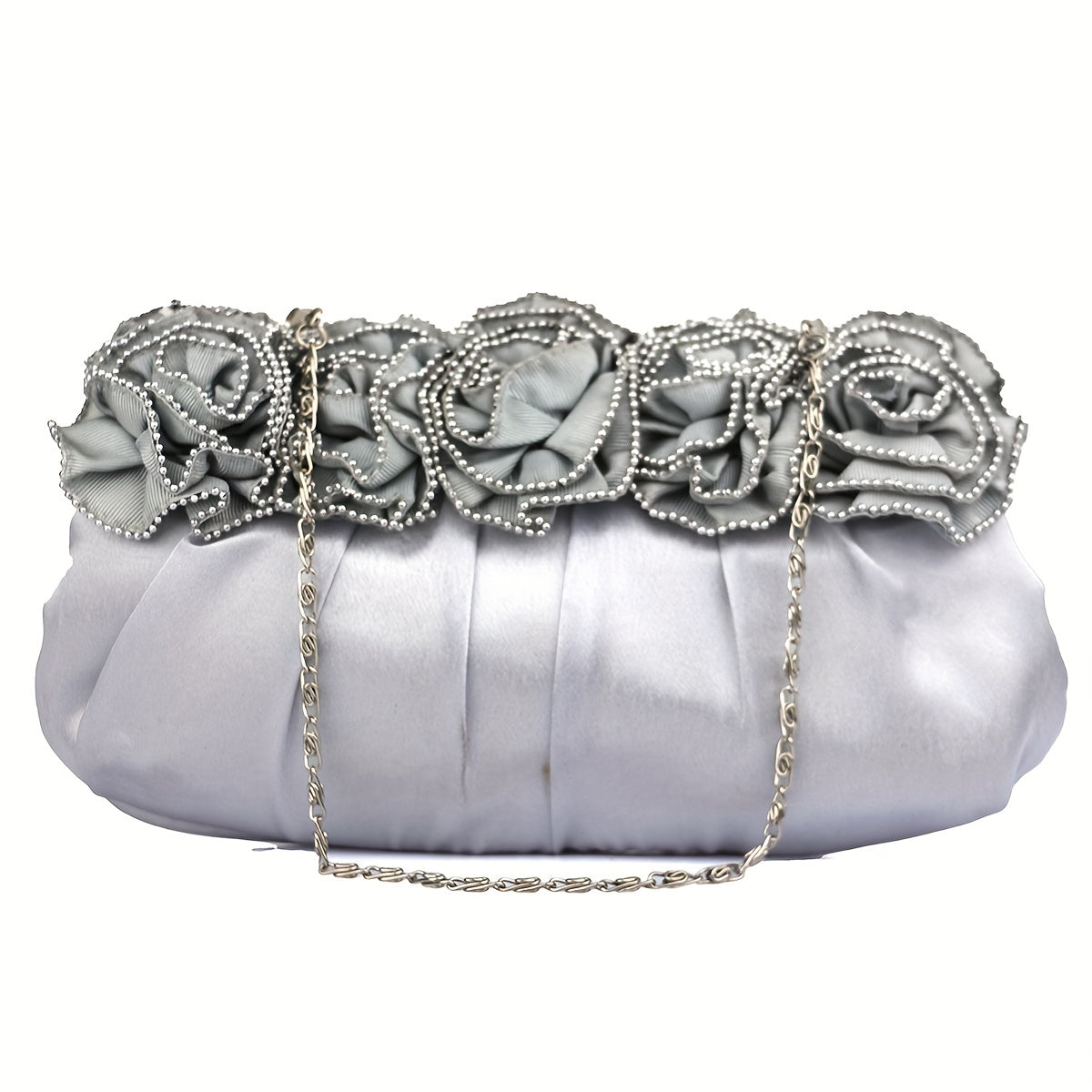Pleated Flower Kiss Lock Metal Chain Clutch Elegant Textured Frame Purse