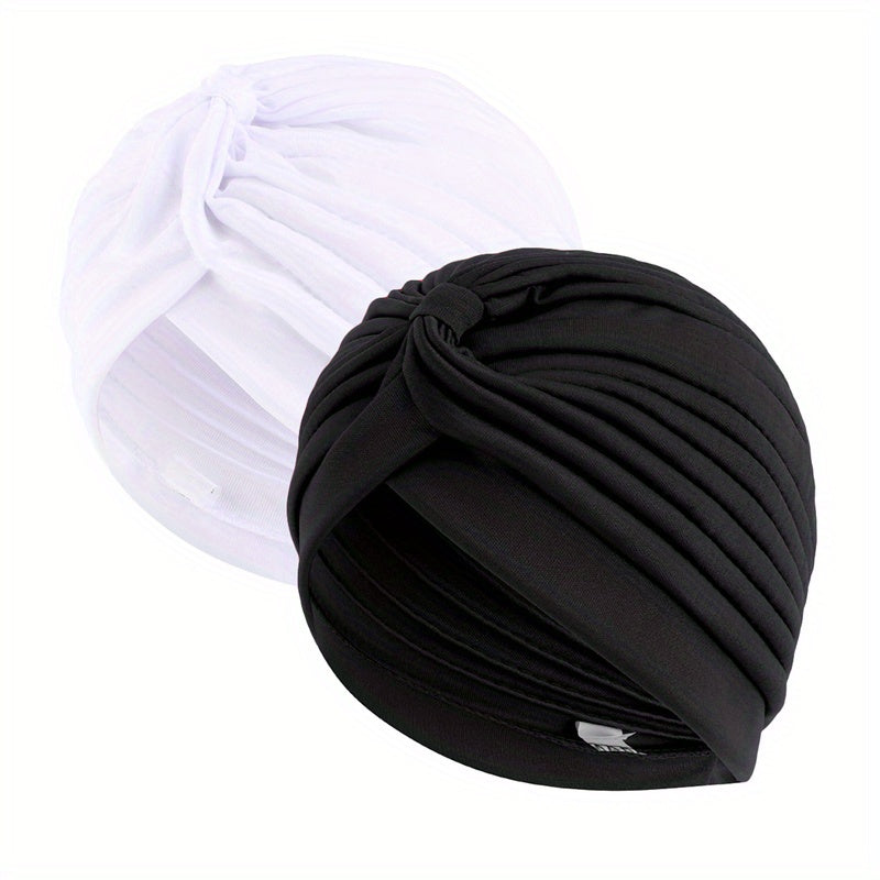 2pcs Solid Turban Cap Pleated Head Wrap Chemo Hats