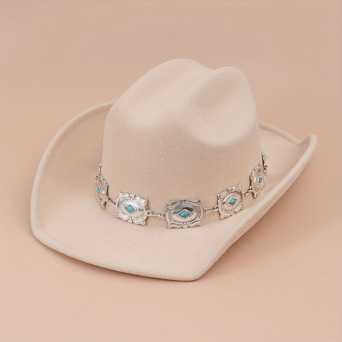 Western Cowboy Hat with Oval Stone Iron Chain Decoration