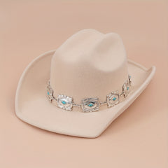 Western Cowboy Hat with Oval Stone Iron Chain Decoration