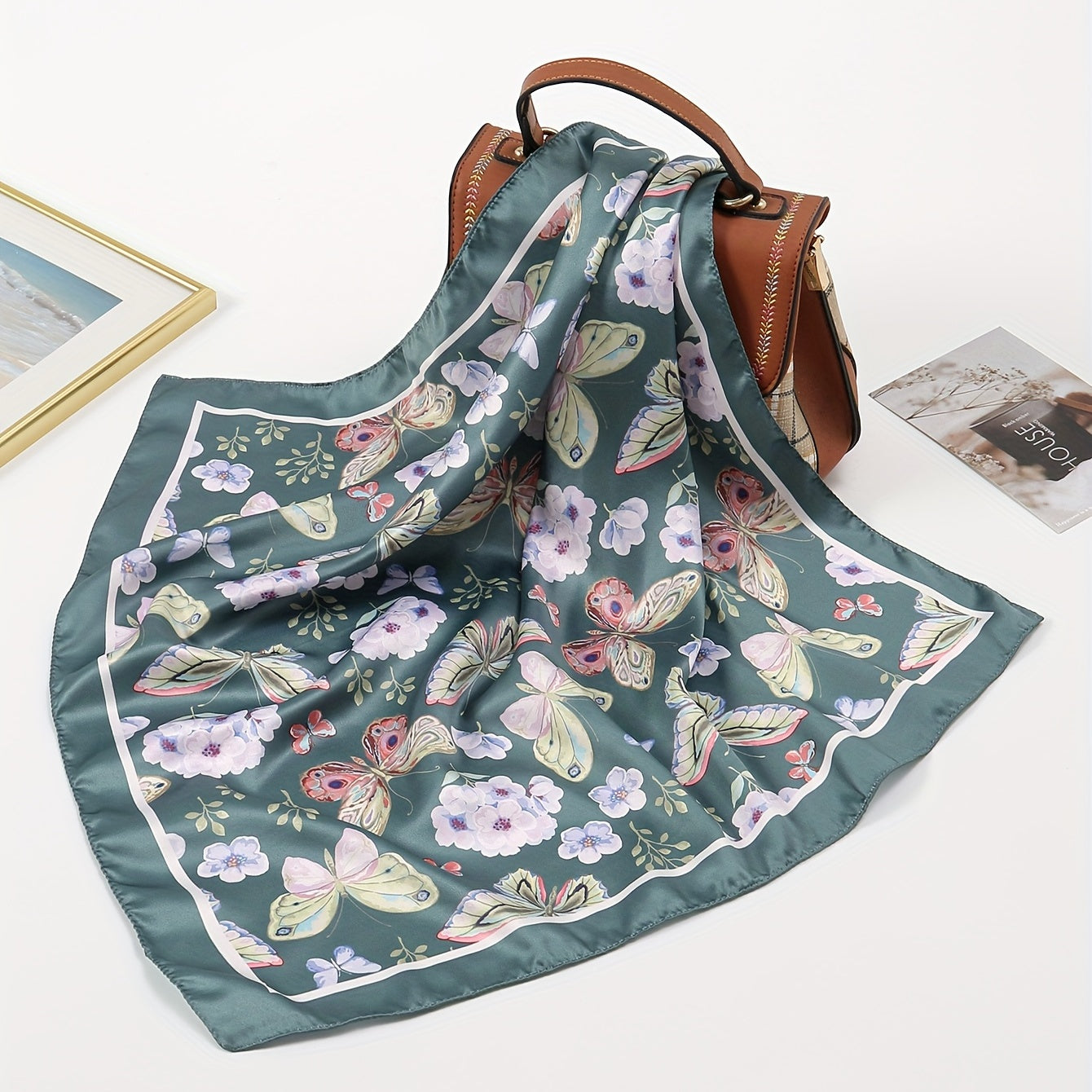 Dark Green Butterfly Print Bandana Casual Square Scarf Women Neckerchief