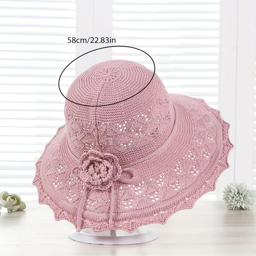 Pink Knitted Flower Sun Hat Hollow Breathable Foldable Bucket Hat