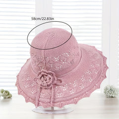 Pink Knitted Flower Sun Hat Hollow Breathable Foldable Bucket Hat