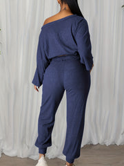  Solid Ribbed Long Sleeve One Shoulder Crop Top & Tapered Leg Pants Set