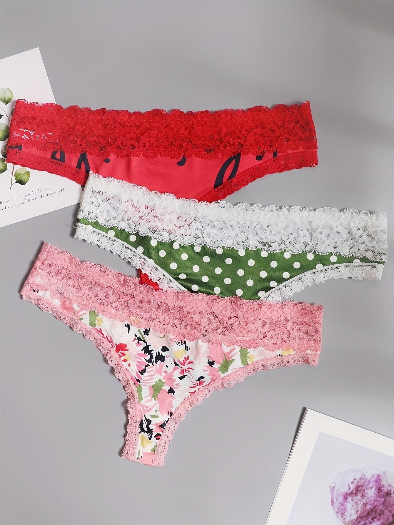 3 Pack Plus Size Thongs Set Women's Plus Lace Floral & Dot Print Thongs Set