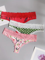 3 Pack Plus Size Thongs Set Women's Plus Lace Floral & Dot Print Thongs Set