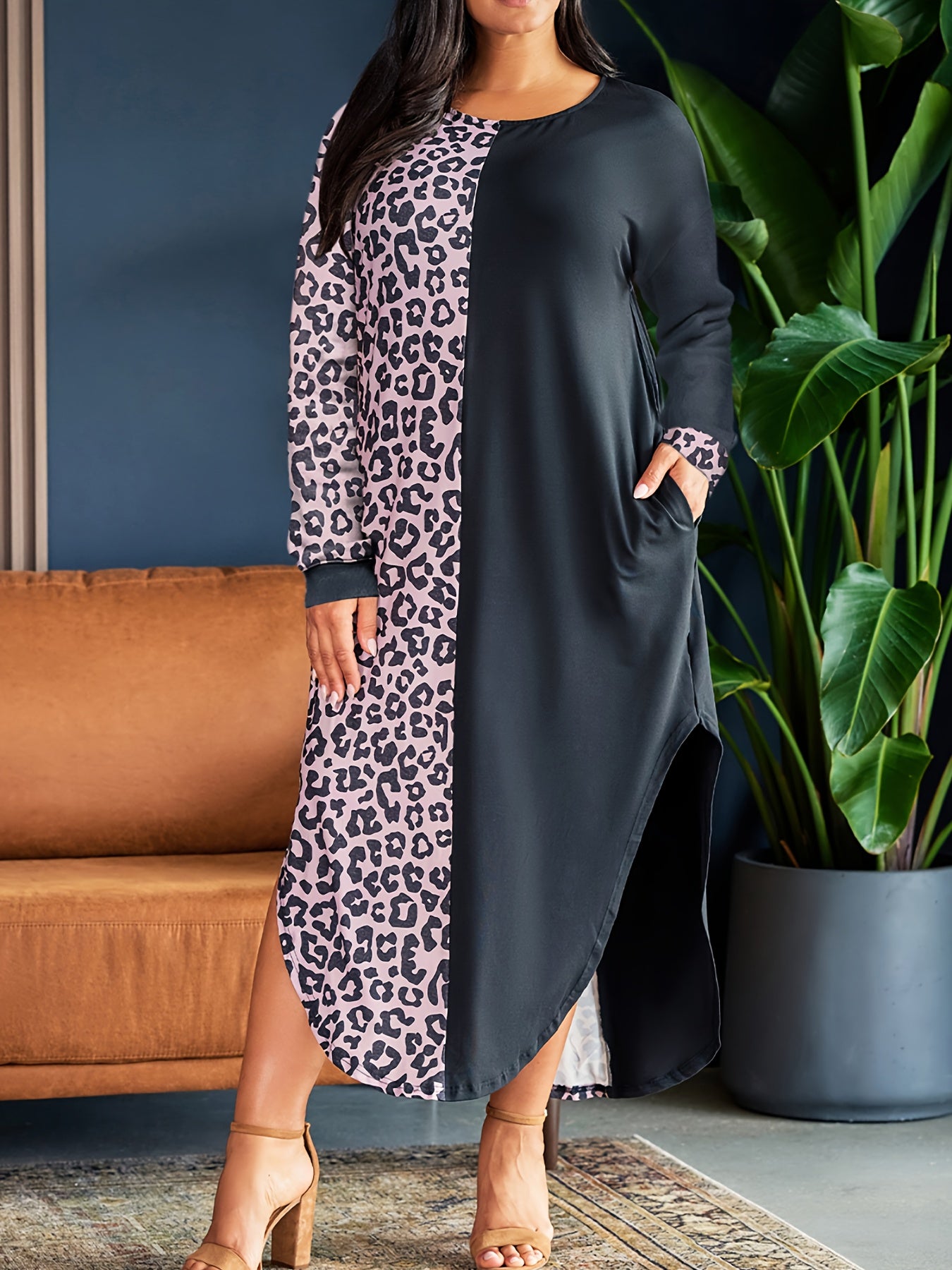  Colorblock Leopard Print Maxi Dress With Pockets