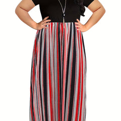  Colorblock Stripe Print Short Sleeve Round Neck Maxi Dress