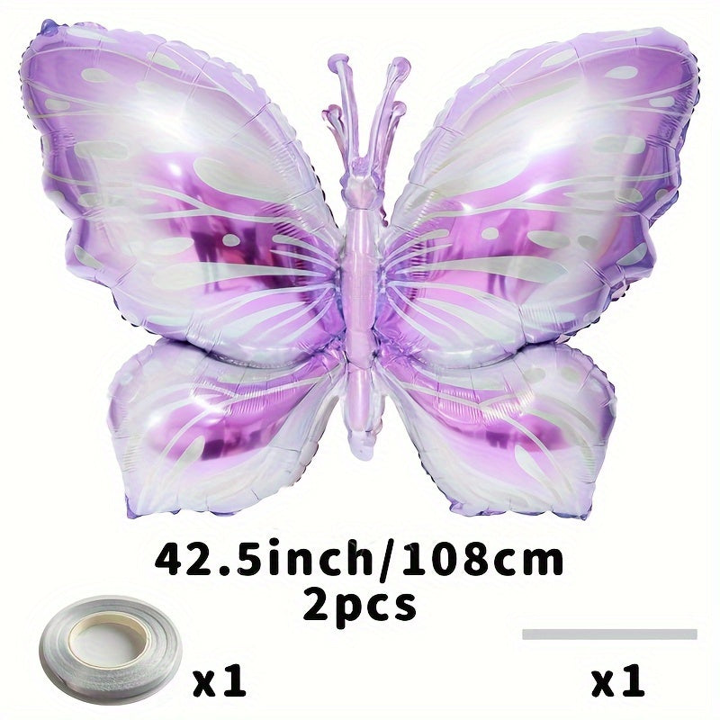 2pcs Butterfly Aluminum Film Balloon Set with Ribbon Straw