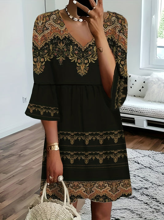  Paisley Print V Neck Stretch Dress