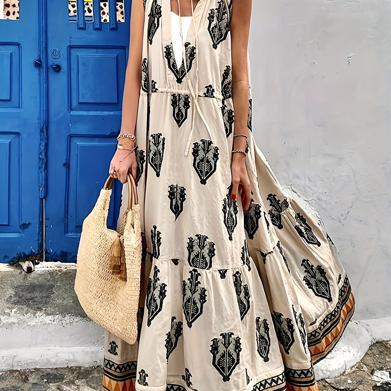  Geometric Print Cut Out Tie Front Mock Neck Dress