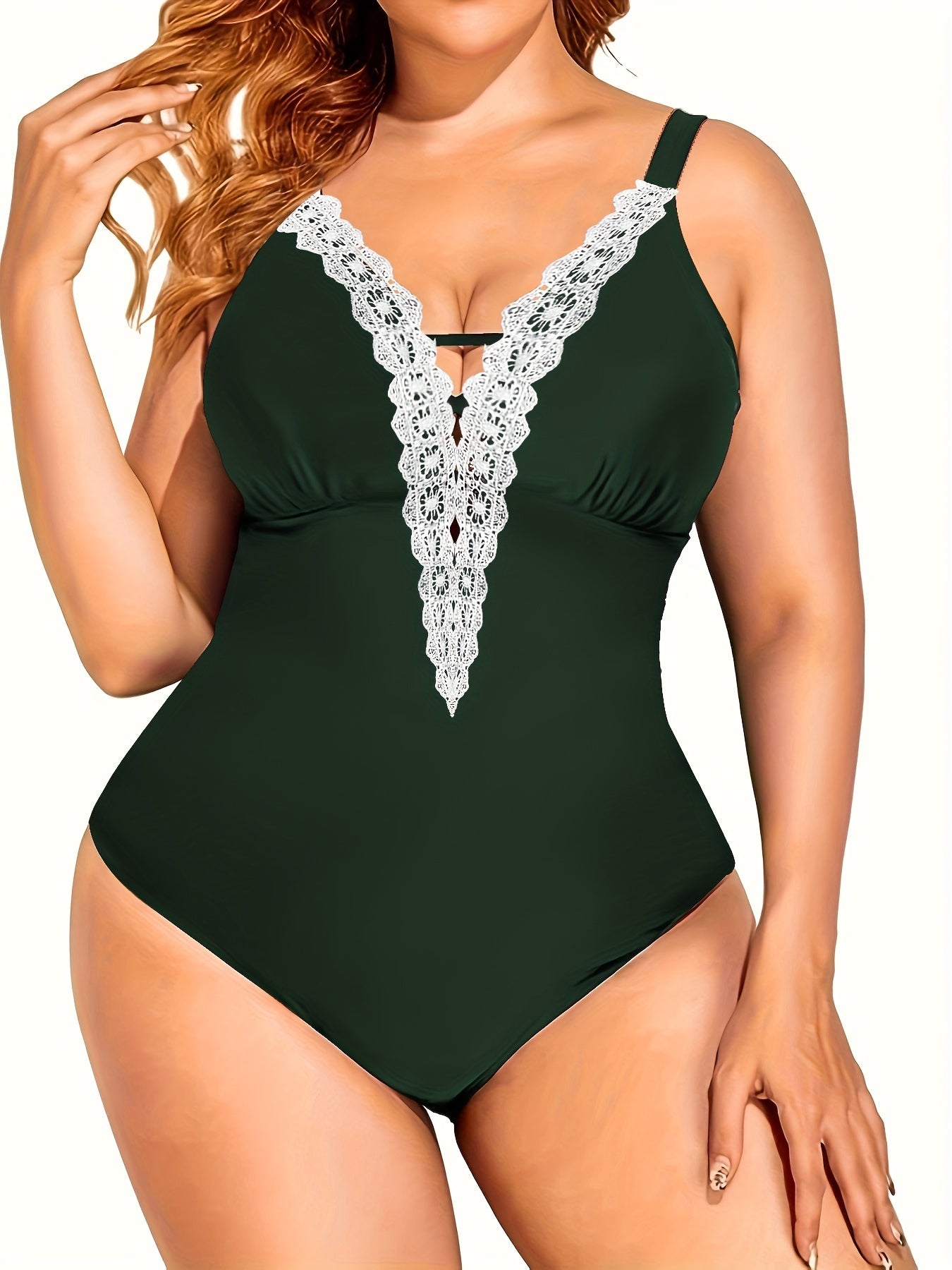  Contrast Lace Crisscross V Neck One Piece Swimsuit