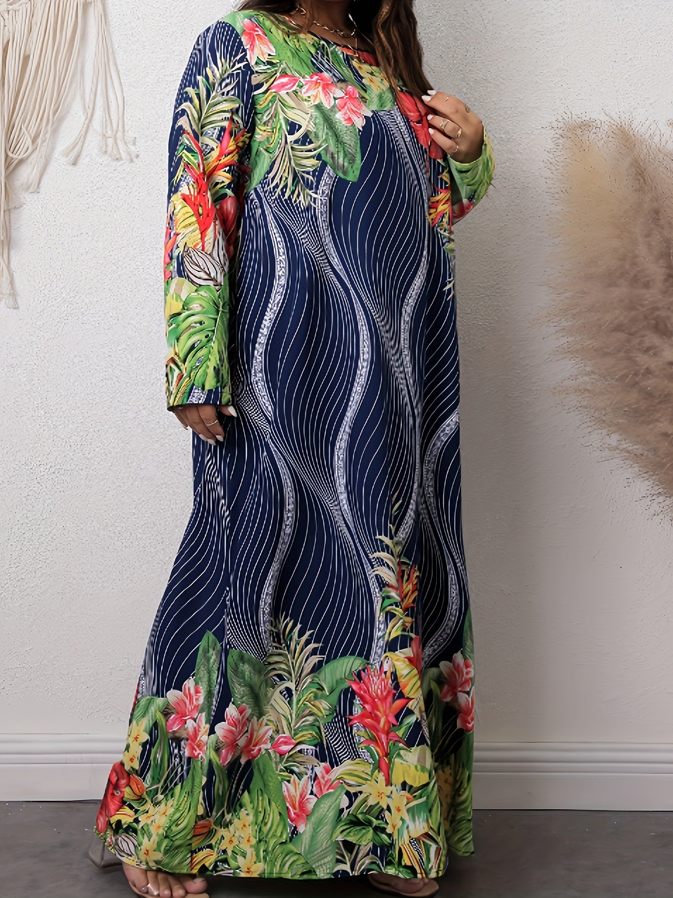  Stripe & Tropical Print Maxi Dress