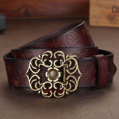 Vintage Flower Hollow Buckle Wide Leather Belt