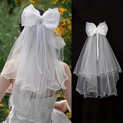 Delicate Lace Bridal Veil with Double Bow & Bead Accents