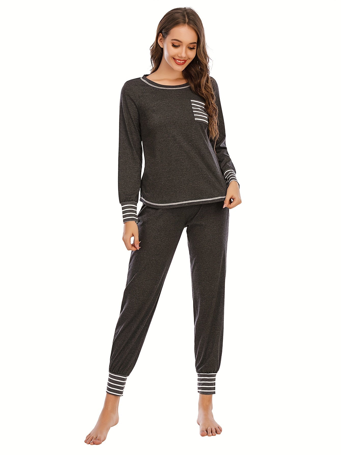 Striped Print Lounge Set Long Sleeve Top & Elastic Waistband Pants