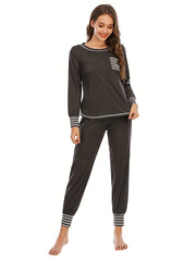 Striped Print Lounge Set Long Sleeve Top & Elastic Waistband Pants