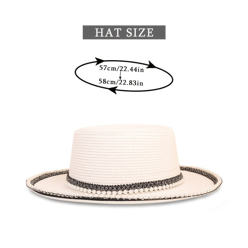 Faux Pearl Decor Sun Hat Flat Top Jazz Fedora Cap Women