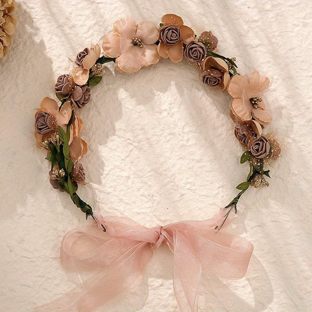 MIALLO Floral Headband Soft Fabric Flower Crown with Pink & Brown Blooms