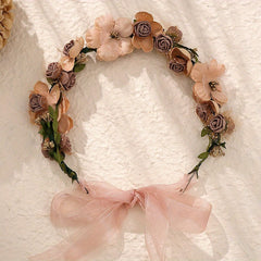 MIALLO Floral Headband Soft Fabric Flower Crown with Pink & Brown Blooms