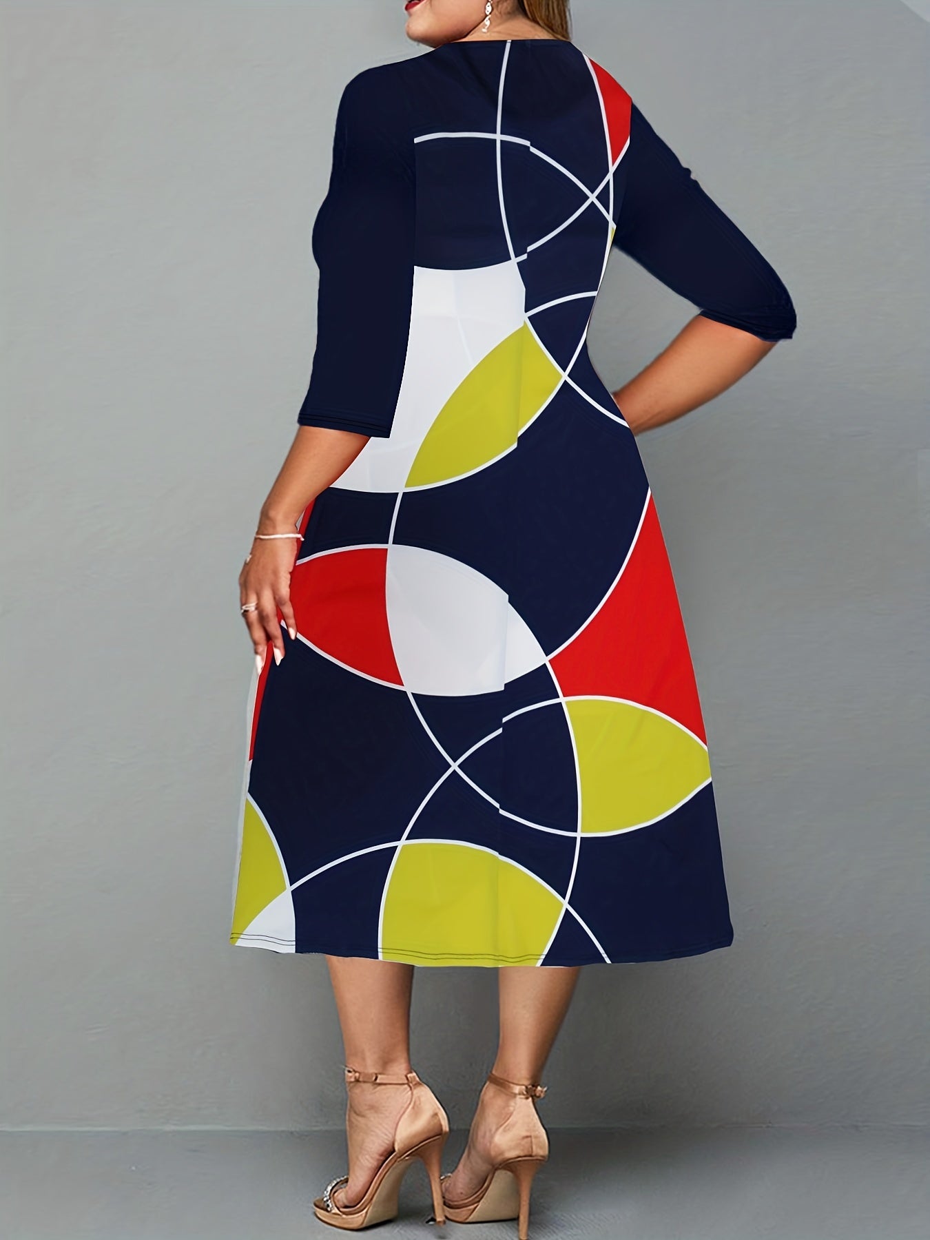  Colorblock Geometric Print Half Sleeve Midi Dress