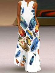 Feather Print Maxi Tank Dress With Pockets