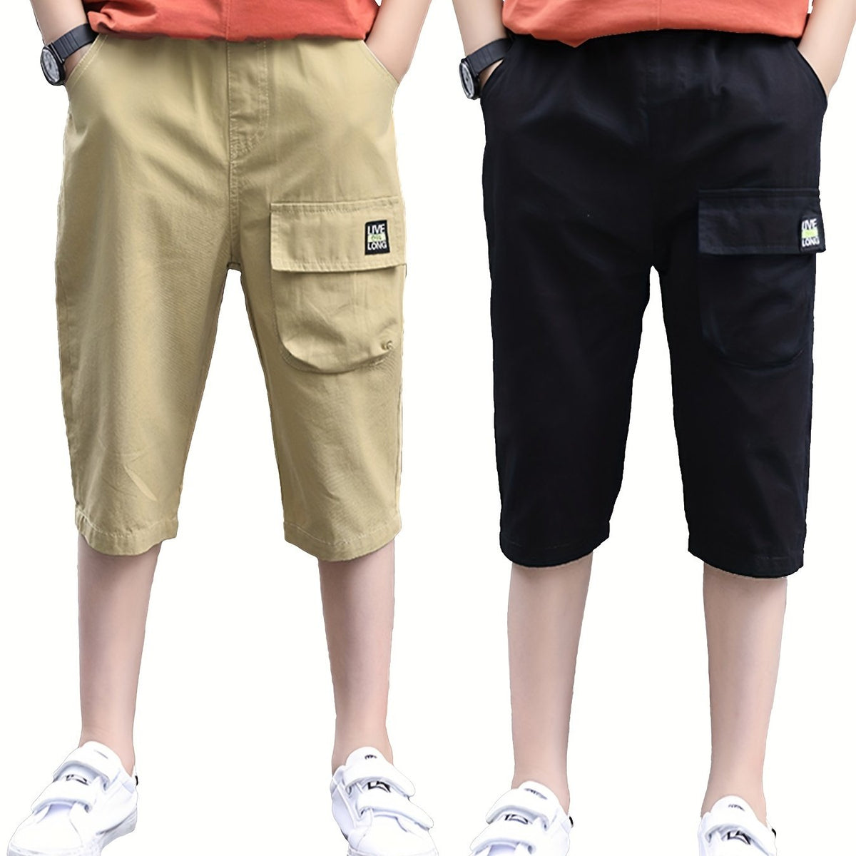 Boys Elastic Waist Cropped Cargo Pants with Pocket