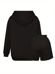  Women's Slogan & Cat Print Hoodie & Shorts Set