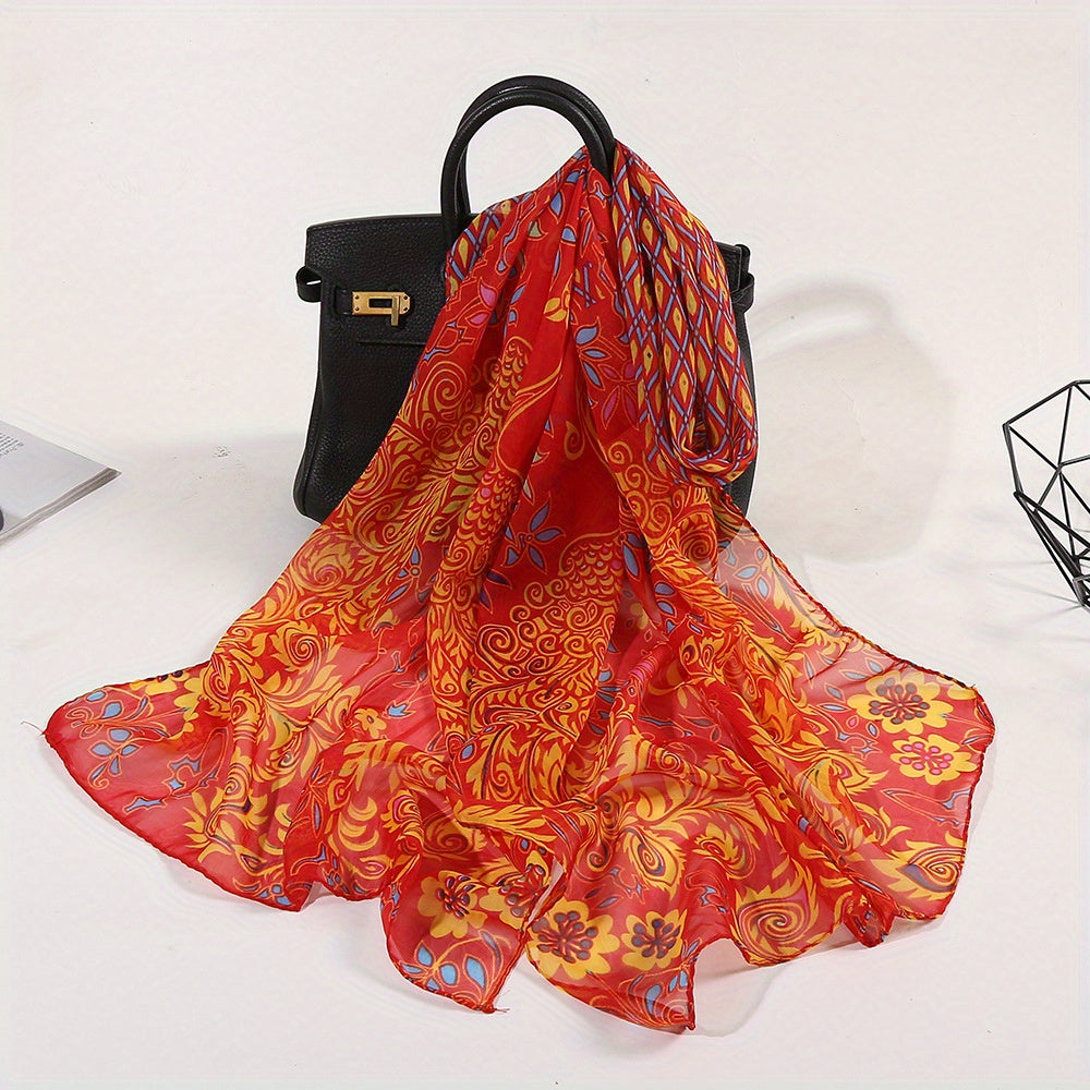 Vintage Peacock Print Scarf Gauze Shawl Head Wrap Sunscreen Towel