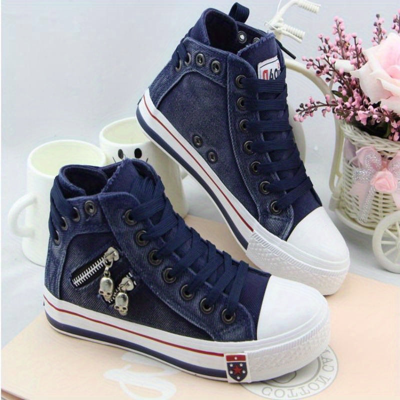 Skull Zipper High Top Canvas Sneakers Lace Up Skate Shoes