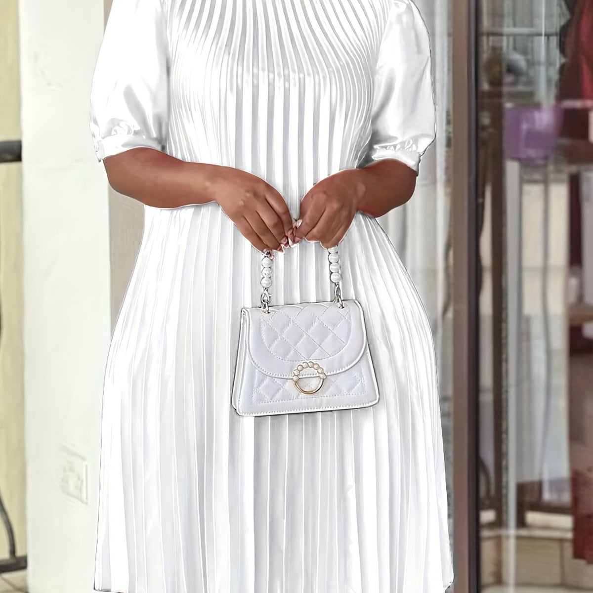 Pleated Knotted Dress Crew Neck Solid Dress Women's Clothing