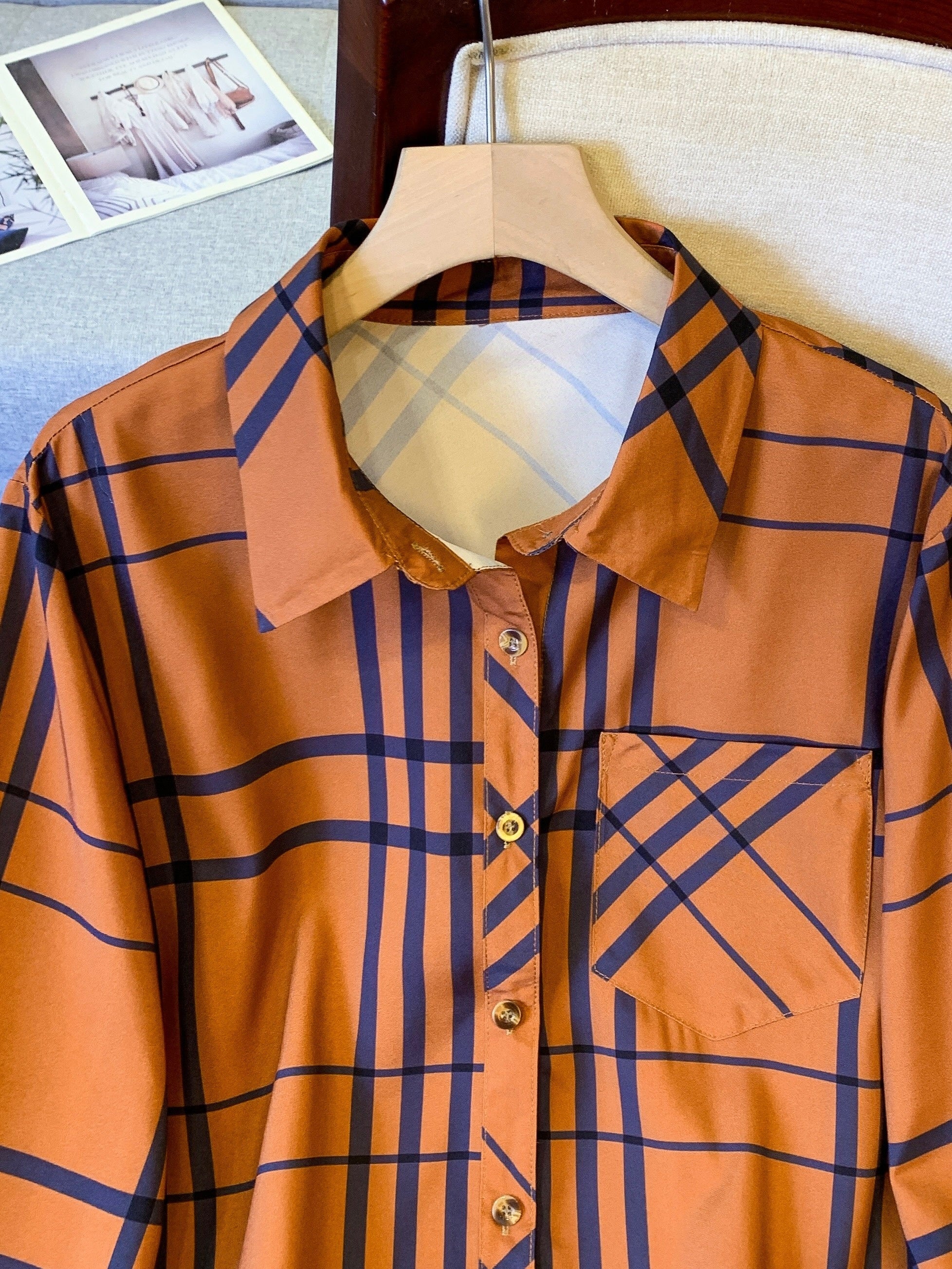  Plaid Print Button Up Blouse