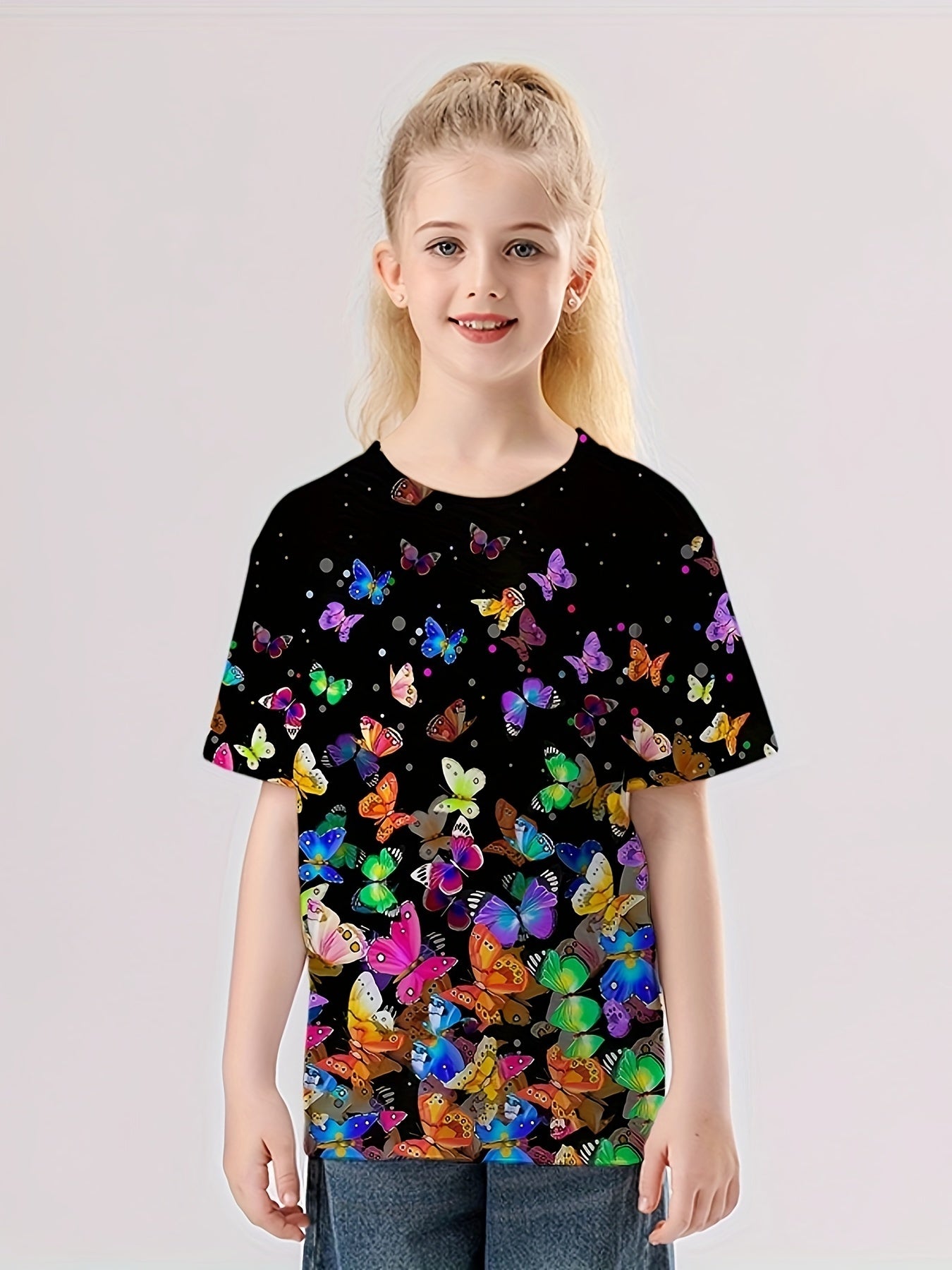 Butterfly Graphic Short Sleeve T-shirt Girls 3D Print Pullover Tees